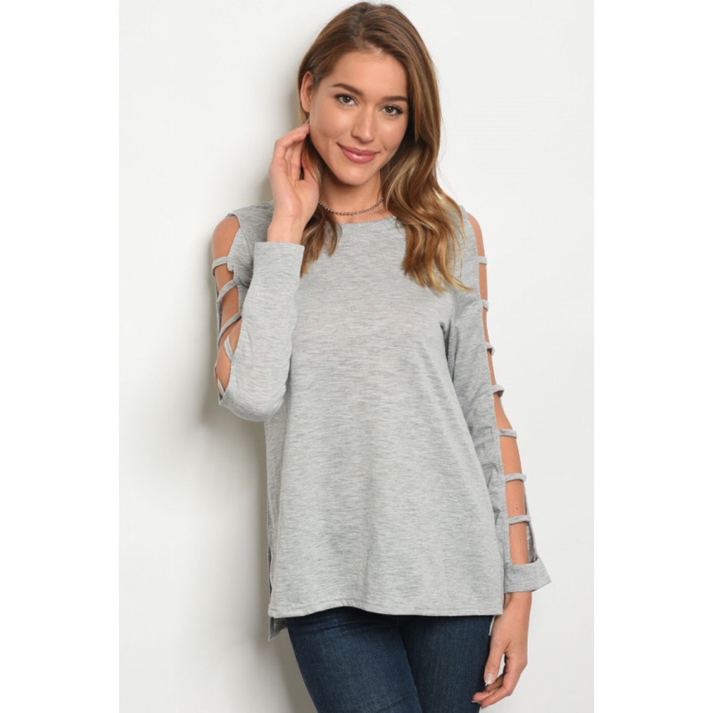 Cold Shoulder Caged Arm Solid Gray Top